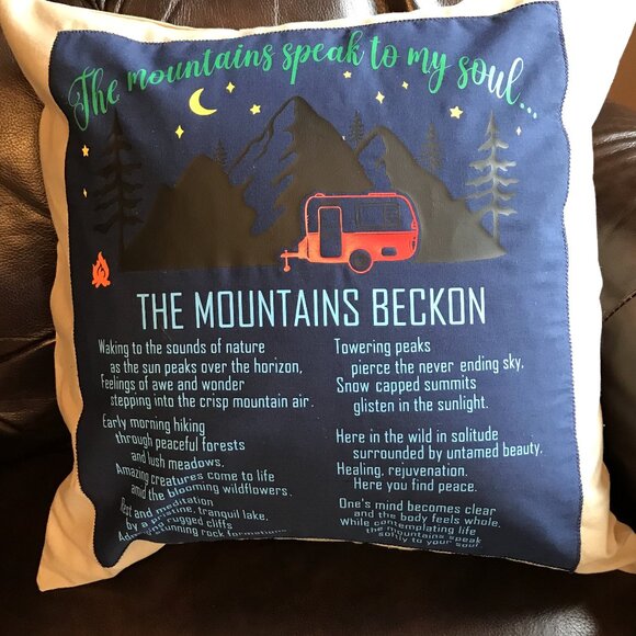 Mountain Camping Pillow Cover: Handmade Vintage Camper Cabin Decor, 18 x 18 in. - Picture 4 of 9